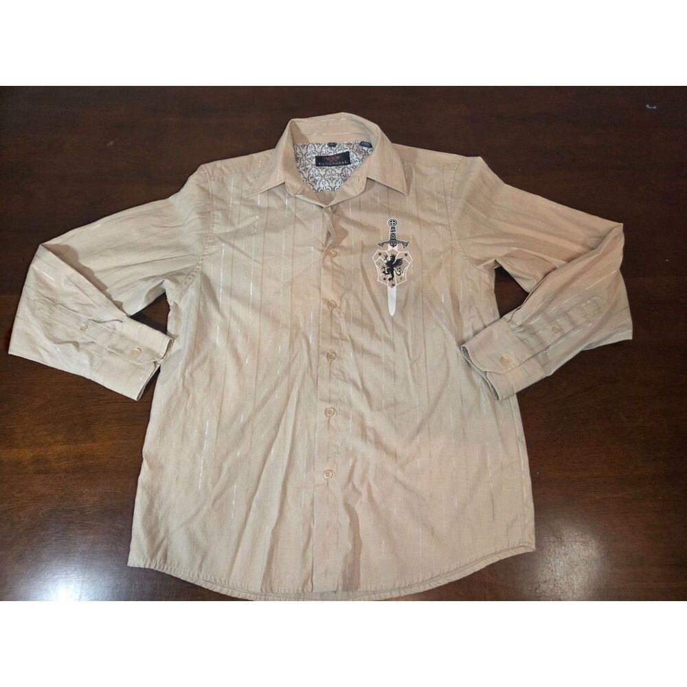 El General Shirt Mens Small Tan Metallic Stripe Rhinestone Sword Wings Y2K MMA